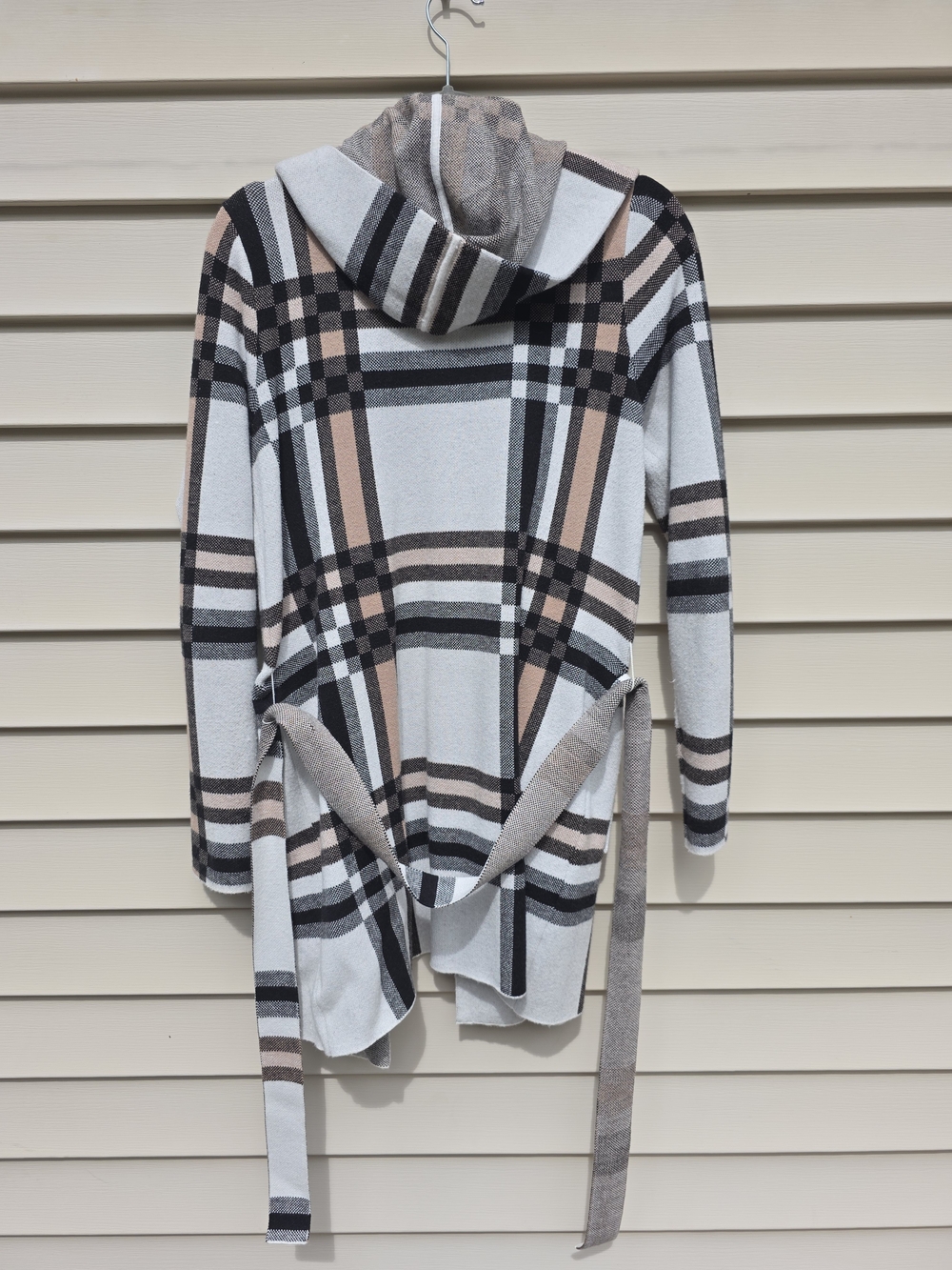 Christian Siriano Plaid Hooded Belted Cardigan in Gray, Black & Brown - Picture 4 of 5